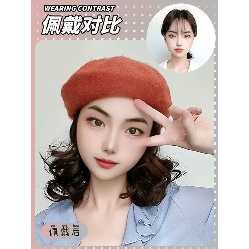 新款直销假发女帽子秋冬季贝雷帽砖红色时尚假发帽子一体慵懒短卷