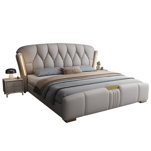 现代简约高端大气真皮床意式轻奢家用主卧带夜灯双人婚床储物大床