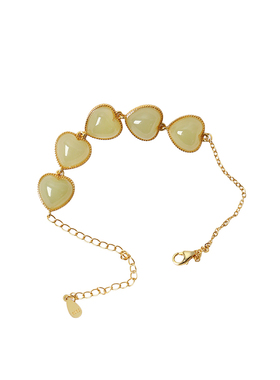 天然和田玉黄口纯银镶嵌爱心款手链 女款玉石简约款银手链饰品