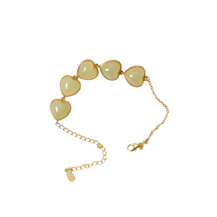 天然和田玉黄口纯银镶嵌爱心款手链 女款玉石简约款银手链饰品