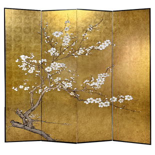 宋代美学屏风金箔手绘梅花别墅样板房隔断茶空间摄影新中式折叠屏