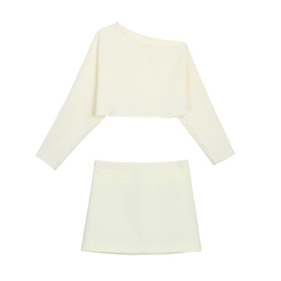 NEVA HU 霓虹都会 优雅一字领蝙蝠袖短款上衣女a字包臀短裙套装