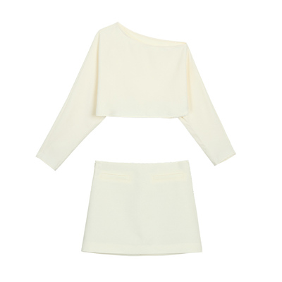 NEVA HU 霓虹都会 优雅一字领蝙蝠袖短款上衣女a字包臀短裙套装