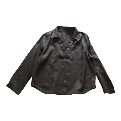 柔美蕾丝拼接领口全亚麻V字翻领微宽松单排扣长袖可挽袖衬衫