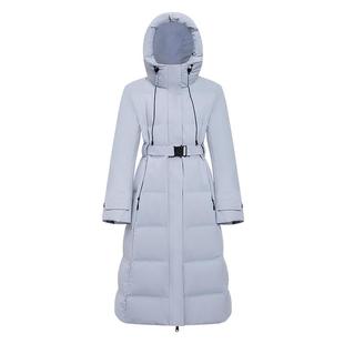 LILY2025冬新款撞色立领抽绳连帽收腰90鸭绒纯色羽绒服外套女长款