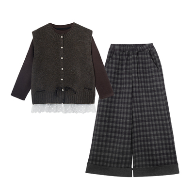 女童裤子秋季套装新款2025中大童韩版时尚马甲打底衫格子裤三件套