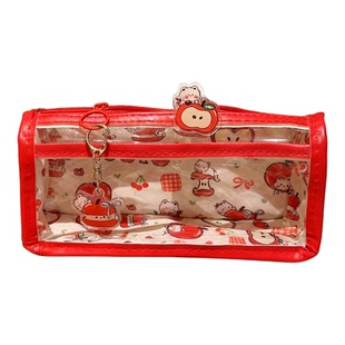 卡通红苹果猫咪2026新款ins女生小众小学PU可爱苹果图案初中双层笔袋ins风高颜值少女心学生文具透明收纳袋