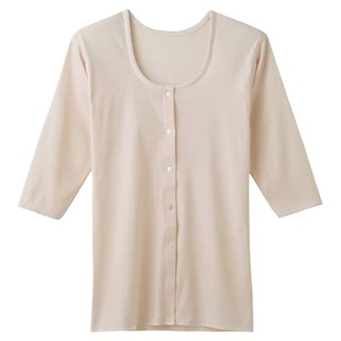 代购日本制超薄纯棉前开扣七分袖秋衣春夏家居服老人护理方便穿脱