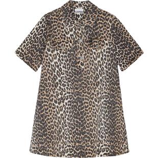 GANNI女装 豹纹印花衬衫领A字短款连衣裙 J1528943