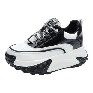 内增高女鞋春季搭裙子配阔腿裤春的鞋子厚底真皮休闲运动鞋老爹鞋