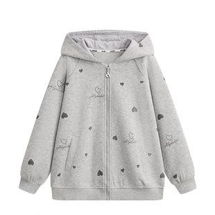 爱法贝春新款甜美可爱风连帽拉链外套女童宽松爱心印花棉质上衣