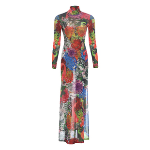 WEIRD PUSS 新中式艺术风花卉锦鲤印花长袖T恤女辣妹开叉长款上衣