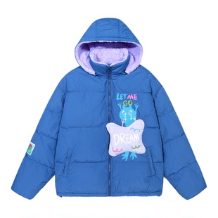 GUUKA拼色羊羔绒连帽外套宽松 潮牌蓝色超好看的羽绒服女冬季新款