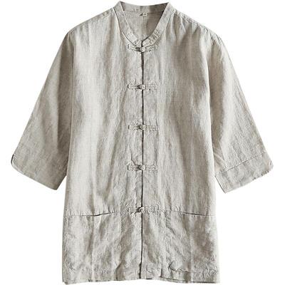 七分袖中国风男装立领棉麻衬衫