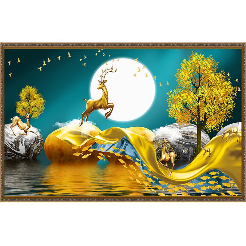 带背胶自贴纸画金色丝带麋鹿意境湖畔山水玄关装饰画帆船鹅卵石头