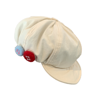 日系复古棉麻八角帽女夏季彩色毛毡纽扣画家帽子不对称云朵贝雷帽