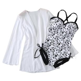 汐姿澜大胸泳衣女C/D/E/F杯钢托聚拢显瘦性感三角连体碎花游泳衣