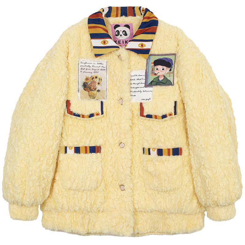 KEKIO甜美显瘦羊羔毛拼色棉服