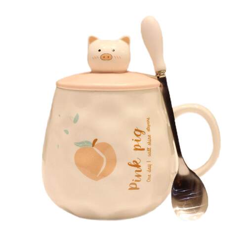 马克杯子陶瓷杯家用水杯创意潮流带盖勺可爱小猪少女心早餐杯礼品