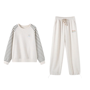 Basic House/百家好休闲套装女条纹拼接宽松卫衣休闲卫裤两件套女