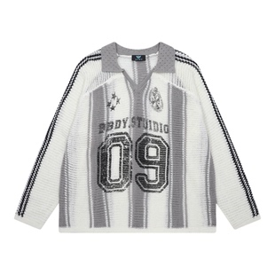 Sixminu 美式早秋pool领微透针织衫男女情侣慵懒风长袖镂空球衣女