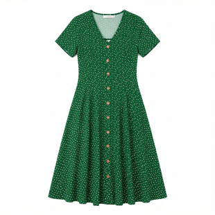 Polka dot V-neck breasted dress女士波点性感V领排扣短袖连衣裙