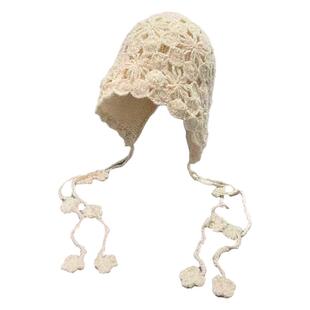 川西旅游花朵流苏毛线帽子女2025秋冬针织包头帽护耳显脸小套头帽