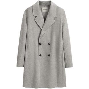 太平鸟男装 西装领外套男双排扣含耗牛绒中长款羊毛呢大衣男