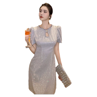 法式重工高级感宴会连衣裙女夏季高腰圆领小个子亮片生日小礼服裙