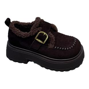 小个子绒面厚底乐福鞋女2025冬新款超轻增高加厚棉鞋毛毛浅口单鞋