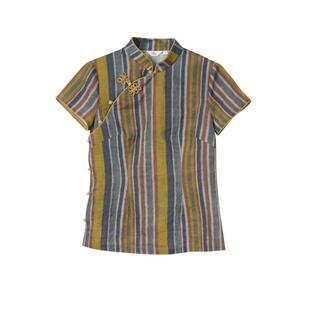 布符2025年夏新款彩虹条纹双攀缘结旗袍上衣优雅时尚迷人气质女装