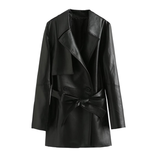 YoungGirlDay欧美时髦翻领宽松系带收腰中长款pu皮衣机车服外套女