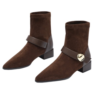 exull/依思Q尖头短靴女2025秋冬新款气质美拉德绒面粗跟瘦瘦靴