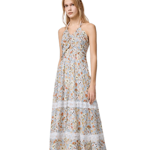 Fabrique 深V蕾丝拼接碎花双肩带挂脖天丝连衣裙