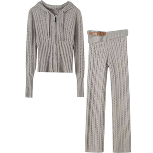 棉洋 ins博主风针织连帽毛衣外套+灰色翻盖腰头麻花长裤时尚套装