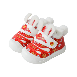 男女宝宝周岁鞋冬加绒保暖婴幼儿鞋子软底红色拜年鞋儿童新年棉鞋