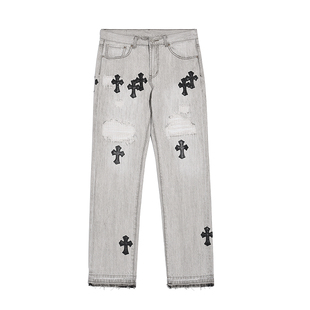 JDKZ欧美高街复古水洗十字架牛仔裤男街头嘻哈VIBE风休闲百搭长裤