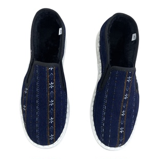 老北京蓝条纹手工千层底冬季加绒加厚保暖套脚一脚蹬休闲男花布鞋