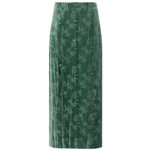 COCOBELLA[竹影拓印]新中式压褶丝绒半身裙气质国风长裙HS0001-2