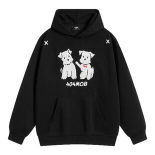 404MOB仿羊羔毛贴布刺绣可爱小狗连帽卫衣女潮牌宽松情侣外套帽衫
