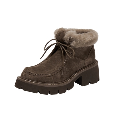 真美诗牛皮加绒厚底雪地靴