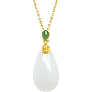 周六福旗舰店和田玉吊坠女金镶玉黄金水滴白玉玉坠挂件情人节
