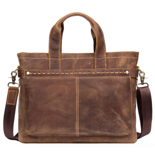 慢时光 疯马皮复古手工男包 真皮男士手提包头层牛皮单肩斜挎包