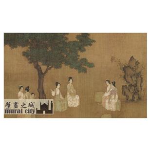 古风仕女图墙布复古色中式古画壁纸国画古代宫女摄影拍照墙纸背景
