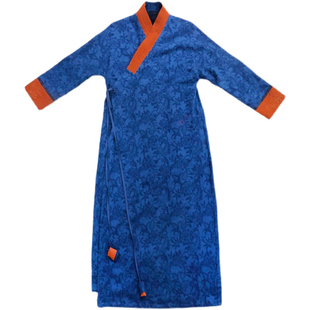 复古新中式蓝色手工刺绣汉服长款棉袍 秋冬显瘦棉麻茶服外套女装