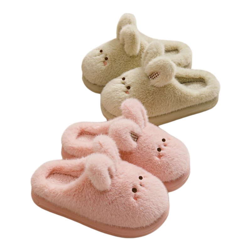 粉色棉拖鞋女2025新款居家厚底防滑秋冬季保暖可爱小兔子毛绒拖鞋