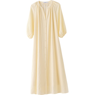 多巴胺黄色灯笼袖连衣裙海边度假