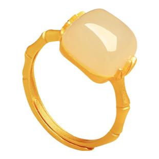 和田玉纯银开口竹节方糖戒指女中式国风玉石金镶玉宝石金包银食指