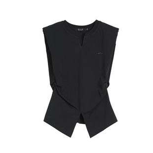 ELLE黑色设计感修身显瘦无袖T恤女2025夏新款休闲风捏褶气质上衣