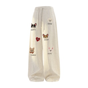 查尔斯桃心美式小狗印花裤子男冬季新款加绒加厚直筒潮牌休闲长裤